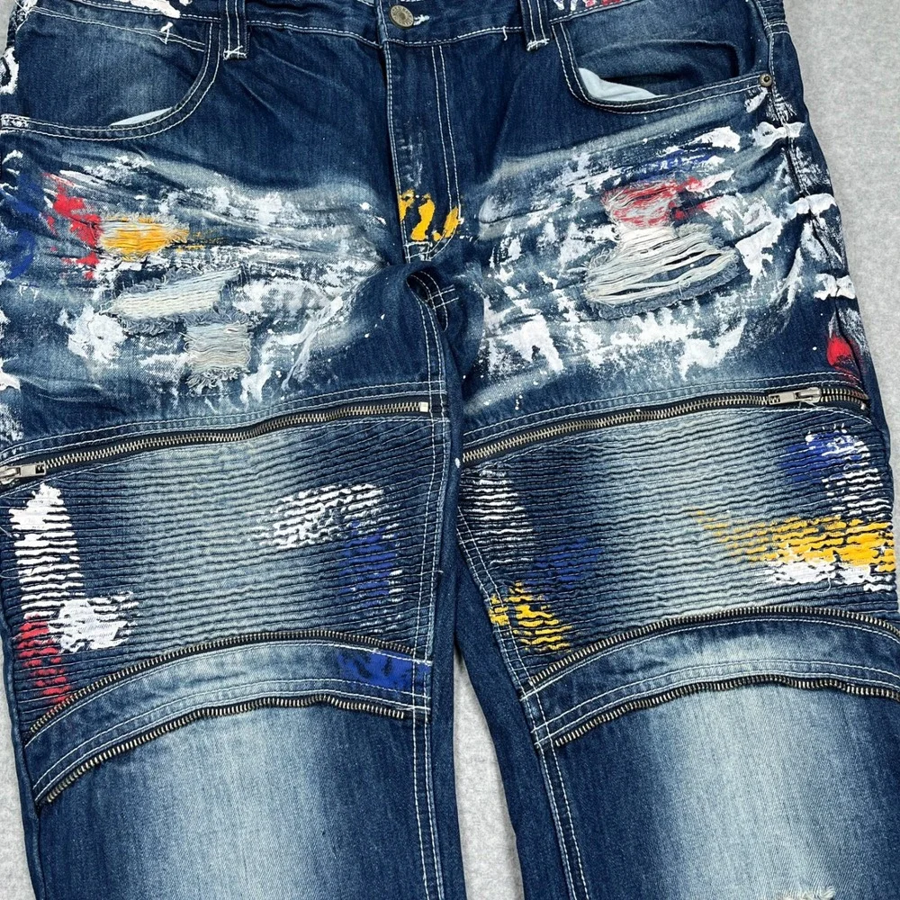 Smoke Rise Denim Jeans Mens 44 (43x32) Blue Paint Splatter Distressed Streetwear - Picture 8 of 13